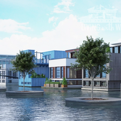 Image of waterfront buildings with blue skies and trees resting over water.