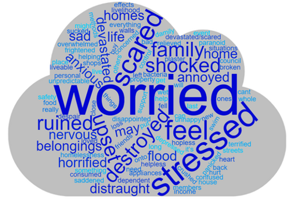 A cartoon image of a grey cloud with lots of text inside, some words including: Worried, stressed, scared, destroyed.